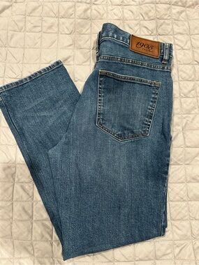 J. Crew Tailored Fit Jeans in Medium Blue with Contrast Stitching